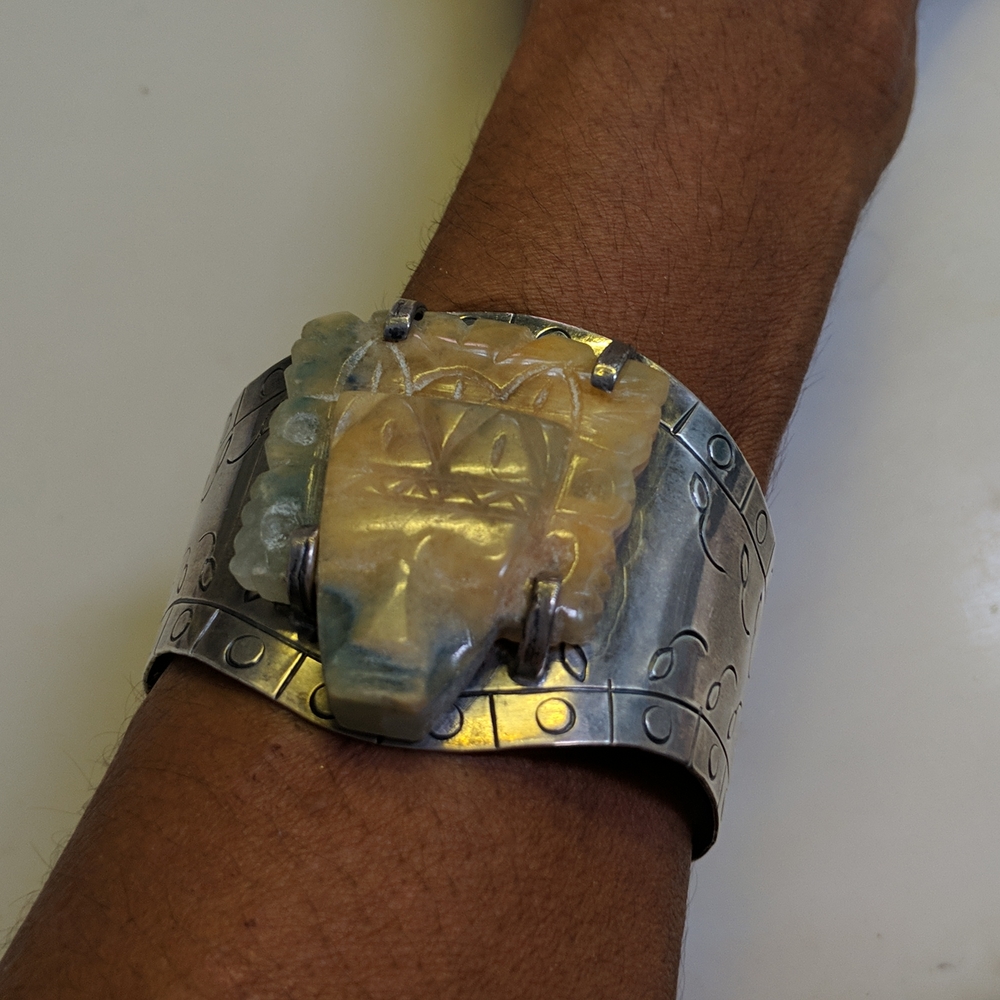 Silver Mayan engraved cuff